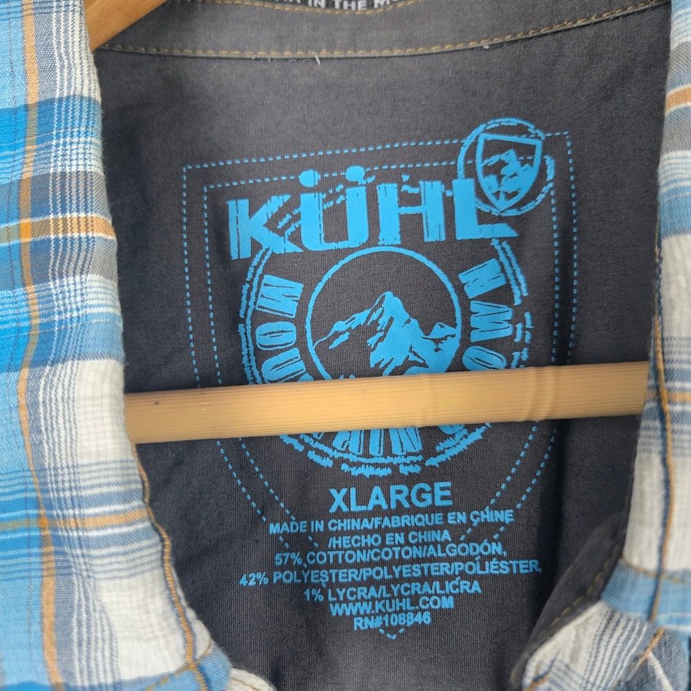 KUHL Seersucker Shirt Mens XL Blue Plaid Short Sleeve Button Up Hiking Gorpcore - Picture 4 of 10